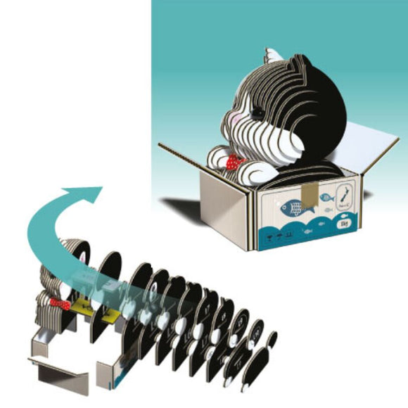 Illustration of a cardboard model that can be assembled into an eco-friendly 3D version of the Eugy Cat - Tuxedo by EUGY. The design displays the layers forming the cat shape, with an arrow highlighting the assembly process, making it ideal for collectors of unique miniature figures.