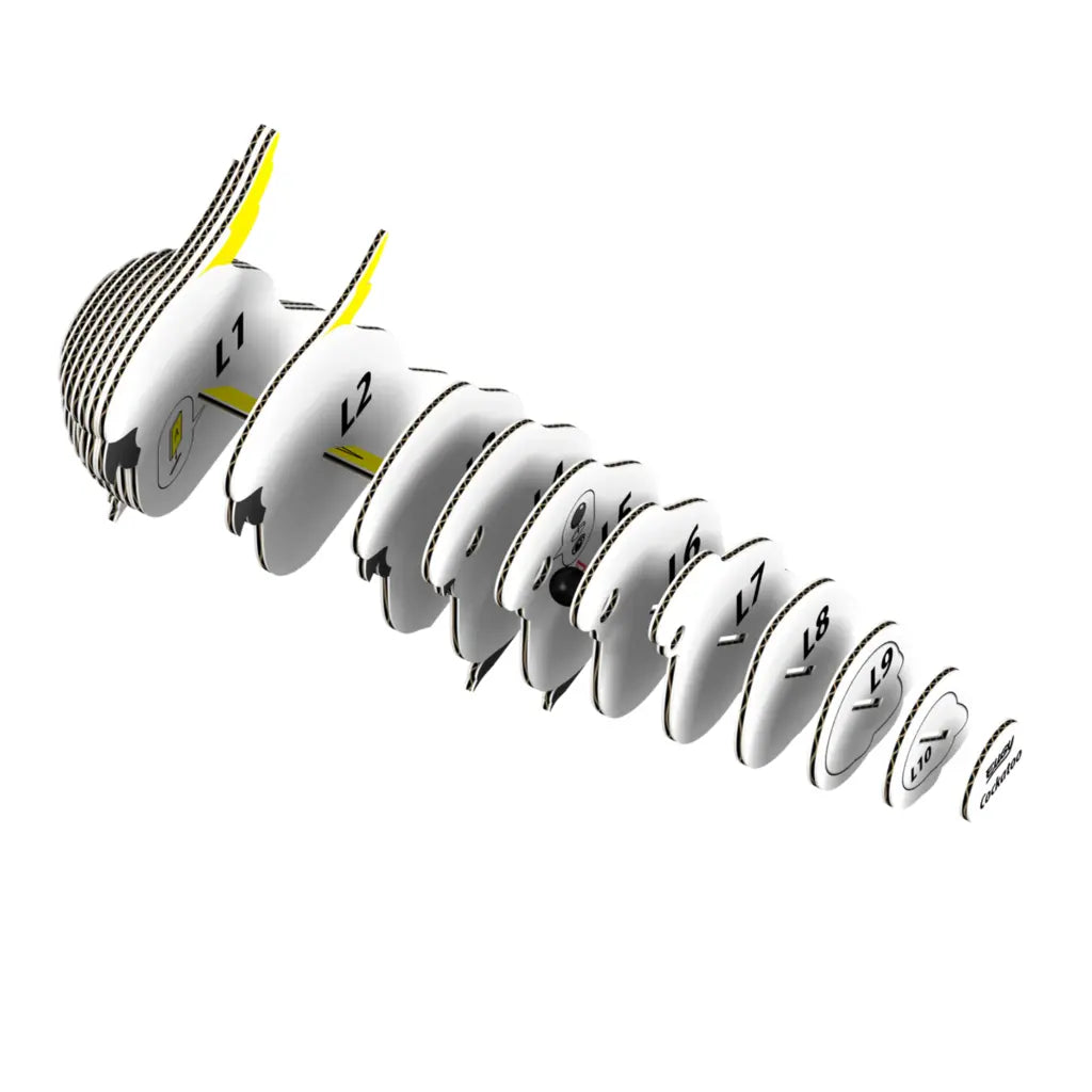 The Eugy Cockatoo by EUGY features a series of stylized spinal vertebrae labeled L1 through L5, S1, and S2 that form a curved chain like an eco-friendly 3D puzzle, each with yellow accents offering a unique model-building experience from a side view.