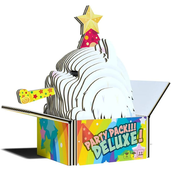 A vibrant box labeled "Eugy Cottonball Cat" by EUGY, made from eco-friendly cardboard, contains a layered white cartoon cat that appears to pop out playfully, ready to bring fun and joy.