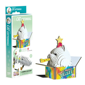 Packaging and assembled model of "Eugy Cottonball Cat" by EUGY—an eco-friendly cardboard Persian-style kitty with a star on its head, sitting in a colorful open box marked "Party Pack!!! Deluxe!.