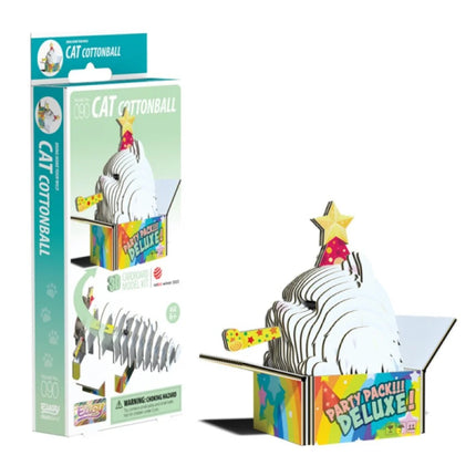 Packaging and assembled model of "Eugy Cottonball Cat" by EUGY—an eco-friendly cardboard Persian-style kitty with a star on its head, sitting in a colorful open box marked "Party Pack!!! Deluxe!.
