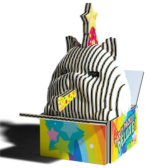 A vibrant, eco-friendly cardboard display shaped like the Eugy Cottonball Cat from EUGY, featuring a cute round cat with party hat and star, emerging from a "Party Pack!! Deluxe!" box with rainbow and star designs.