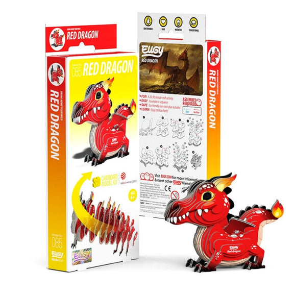 A EUGY Red Dragon 3D puzzle set from the brand EUGY, crafted from sustainable materials, is displayed. The eco-friendly packaging features an image of the red dragon along with detailed instructions. Next to the box stands the completed dragon puzzle, vibrant and intricately detailed.