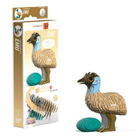 Displayed proudly alongside its packaging, the EUGY Emu is a collectable 3D cardboard puzzle featuring the natural feather design and green eggs of an emu. Crafted by EUGY using eco-friendly ink, this sustainable model stands out with images of the completed puzzle prominently displayed on the box.