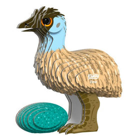 A EUGY Emu, a collectable 3D puzzle model featuring layered pieces, is displayed alongside a pile of turquoise oval shapes. The emu showcases a blue neck, brown body, and large orange eye. Crafted by the brand EUGY using eco-friendly ink, this unique set is ideal for enthusiasts.