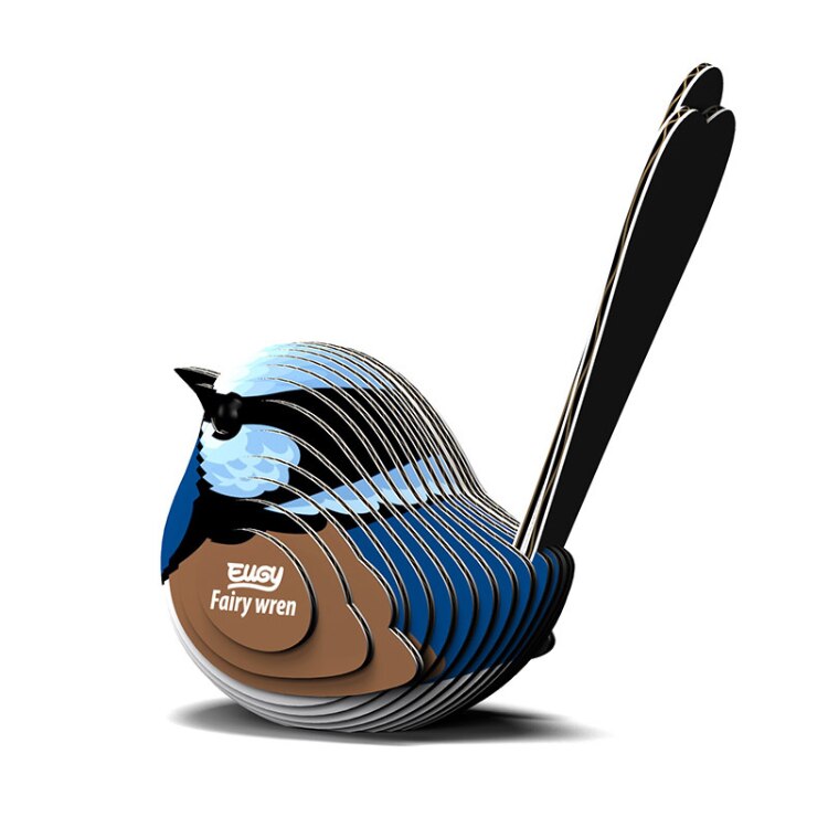 Illustration of the EUGY Fairy Wren, crafted with layered abstract shapes in shades of blue, brown, and black. The sleek and modern design resembles EUGY figures, featuring visible "Fairy Wren" text.