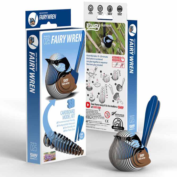 The packaging for the EUGY Fairy Wren cardboard model kit features an image of a colorful blue and brown bird. Created with eco-friendly materials, the reverse side includes illustrated assembly instructions with numbered steps, inviting you to explore the enchanting world of EUGY figures.