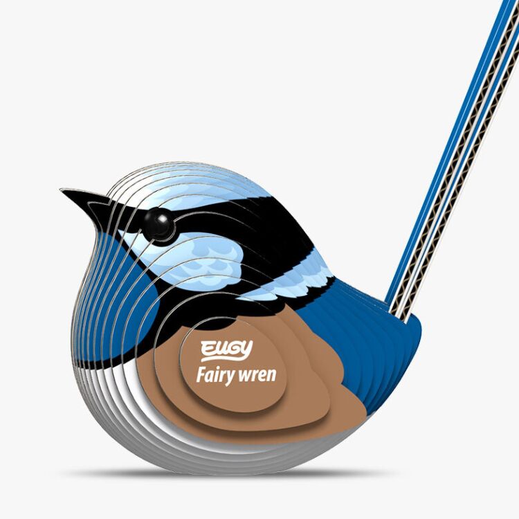 The EUGY Fairy Wren is a lively 3D model featuring layered segments in vibrant blue, black, and brown hues. It bears the name "Fairy wren" and the brand "EUGY" on its side. This eco-friendly figure exhibits intricate geometric patterns that are characteristic of EUGY designs.