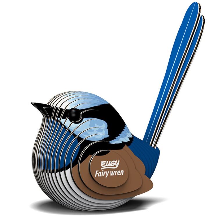 The EUGY Fairy Wren, part of the charming Eugy figures collection, is a layered 3D model that features a vibrant blue head, brown body, and long blue tail. With "EUGY Fairy Wren" labeled on its side, this eco-friendly design brings a delightful touch to any space.