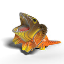 The EUGY Frilled Lizard, a vibrant 3D cardboard model from EUGY, showcases bright orange, yellow, and brown hues. Its open mouth and distinctive frill make this eco-friendly collectible craft stand out vividly against the plain white background.