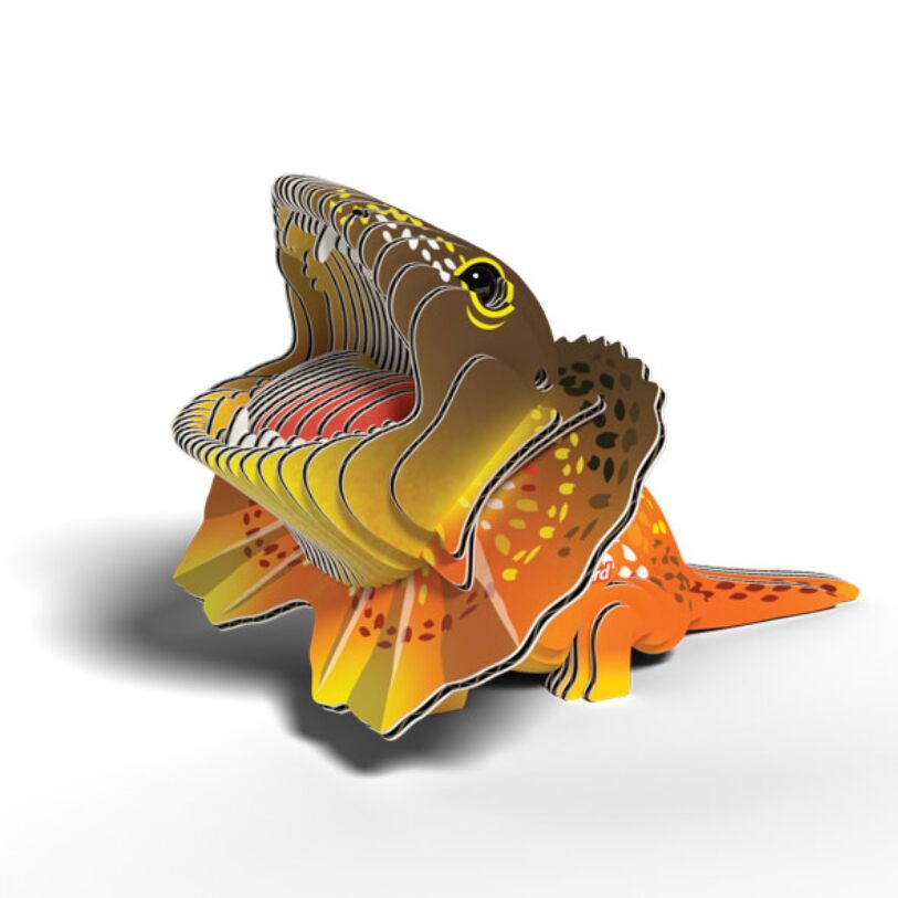 The EUGY Frilled Lizard, a vibrant 3D cardboard model from EUGY, showcases bright orange, yellow, and brown hues. Its open mouth and distinctive frill make this eco-friendly collectible craft stand out vividly against the plain white background.