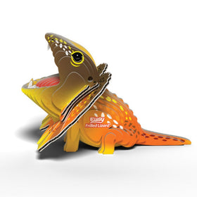 The EUGY Frilled Lizard is an eco-friendly 3D papercraft model highlighted by its vibrant orange and brown hues. The design features an extended frill and open mouth, with "Eugy" and "Frilled Lizard" proudly displayed on the side. It's an ideal collectible for nature enthusiasts.