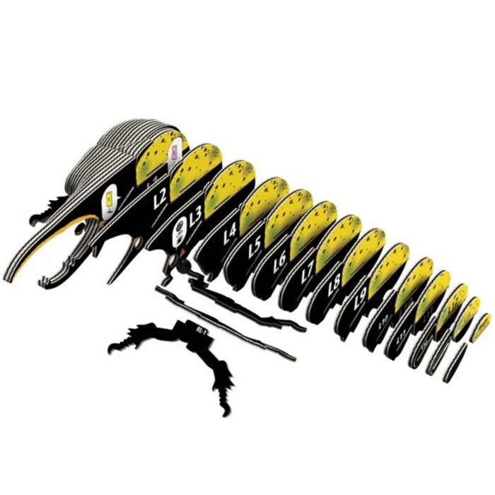 Illustration of an EUGY Hercules Beetle larva, showcasing labeled abdominal segments from L2 to L19. This displays a series of segmented parts in black and yellow, akin to EUGY figures. White text labels are placed on black shapes arranged horizontally.