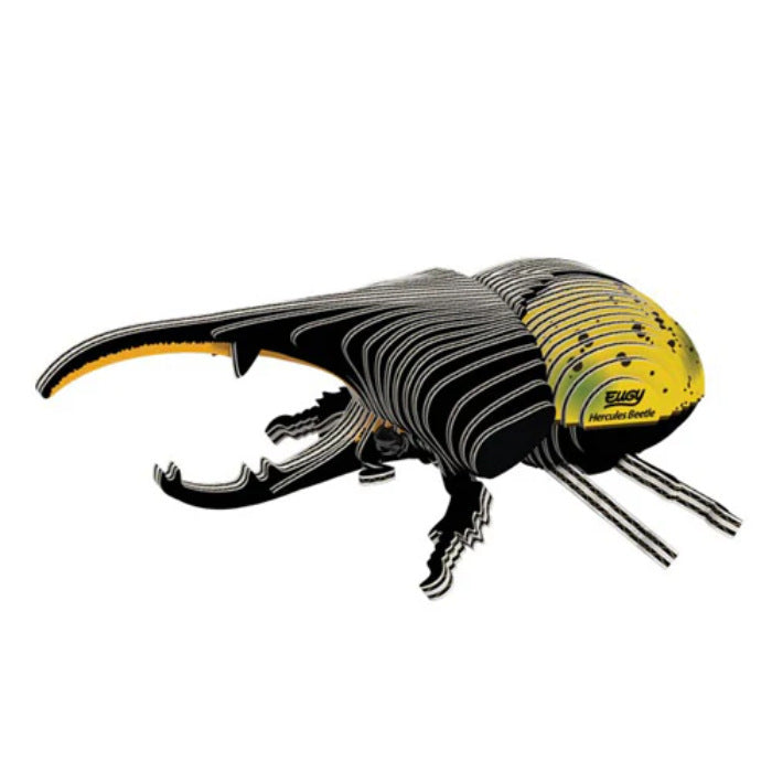 Illustration of the EUGY Hercules Beetle, designed by EUGY with an eco-friendly focus. This stylized figure features a yellow and black body, elongated curved horns, and detailed textures, giving it a futuristic or abstract appearance.