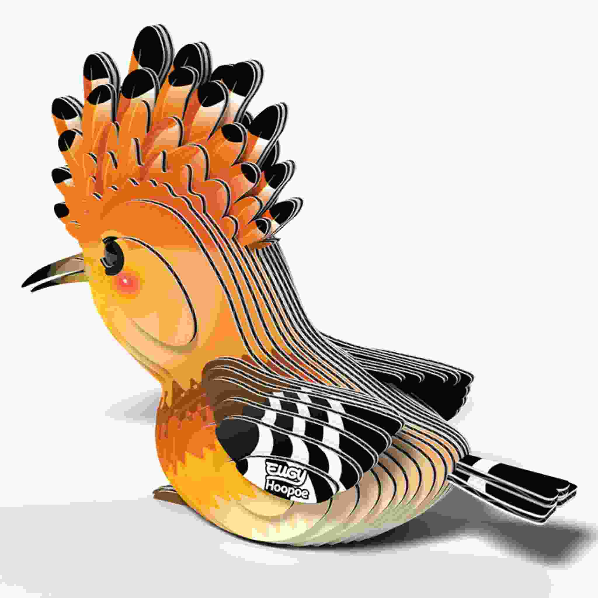 The EUGY Hoopoe is a vibrant paper craft model by EUGY, featuring layered segments and displaying the hoopoe bird's distinctive crest with orange and black patterns. The design reflects the forager's connection to insects.