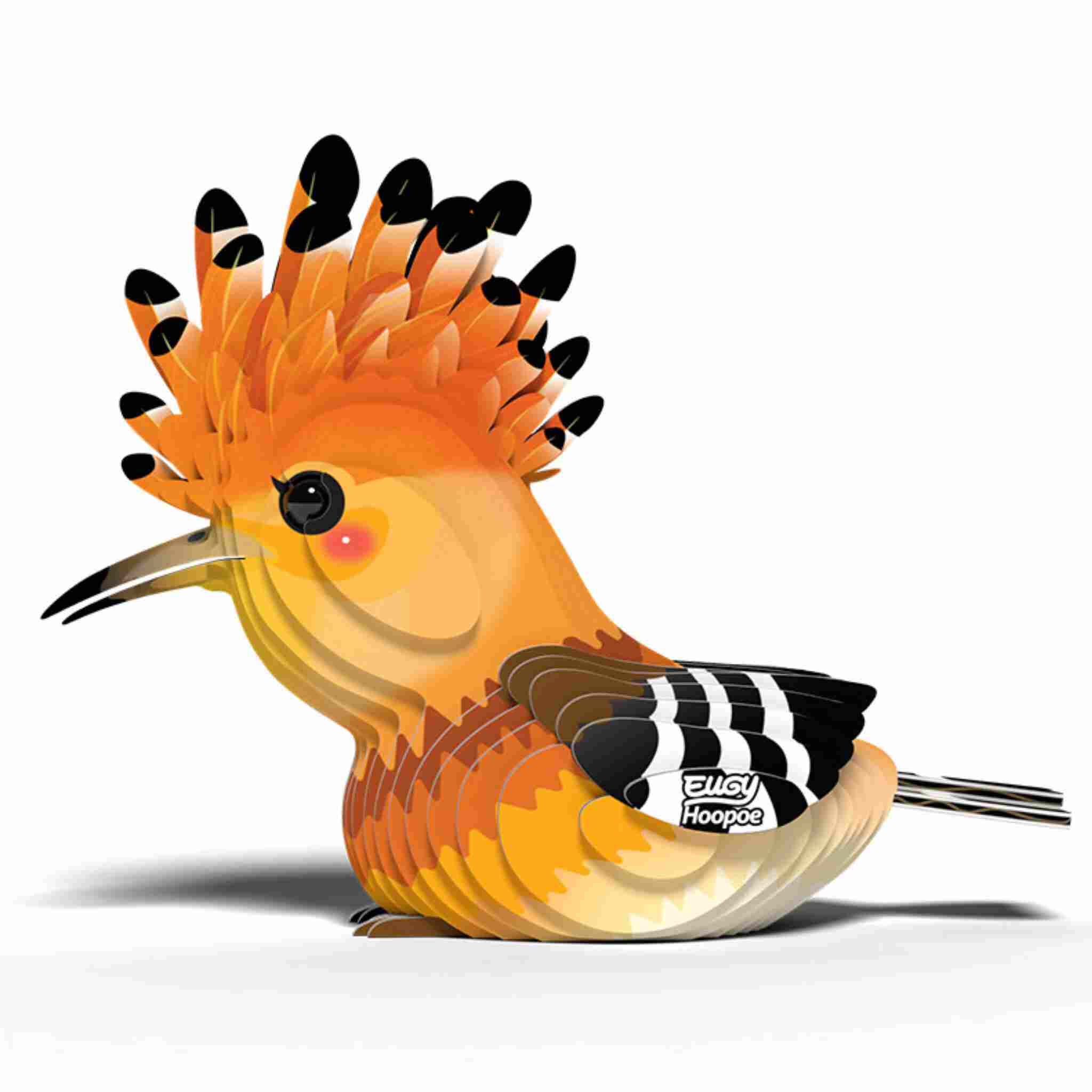 A colorful bird illustration features an orange crest and black-tipped feathers, resembling a hoopoe. It echoes the charm of EUGY figures with stylized details against a white background. "EUGY Hoopoe" is displayed on its wing.