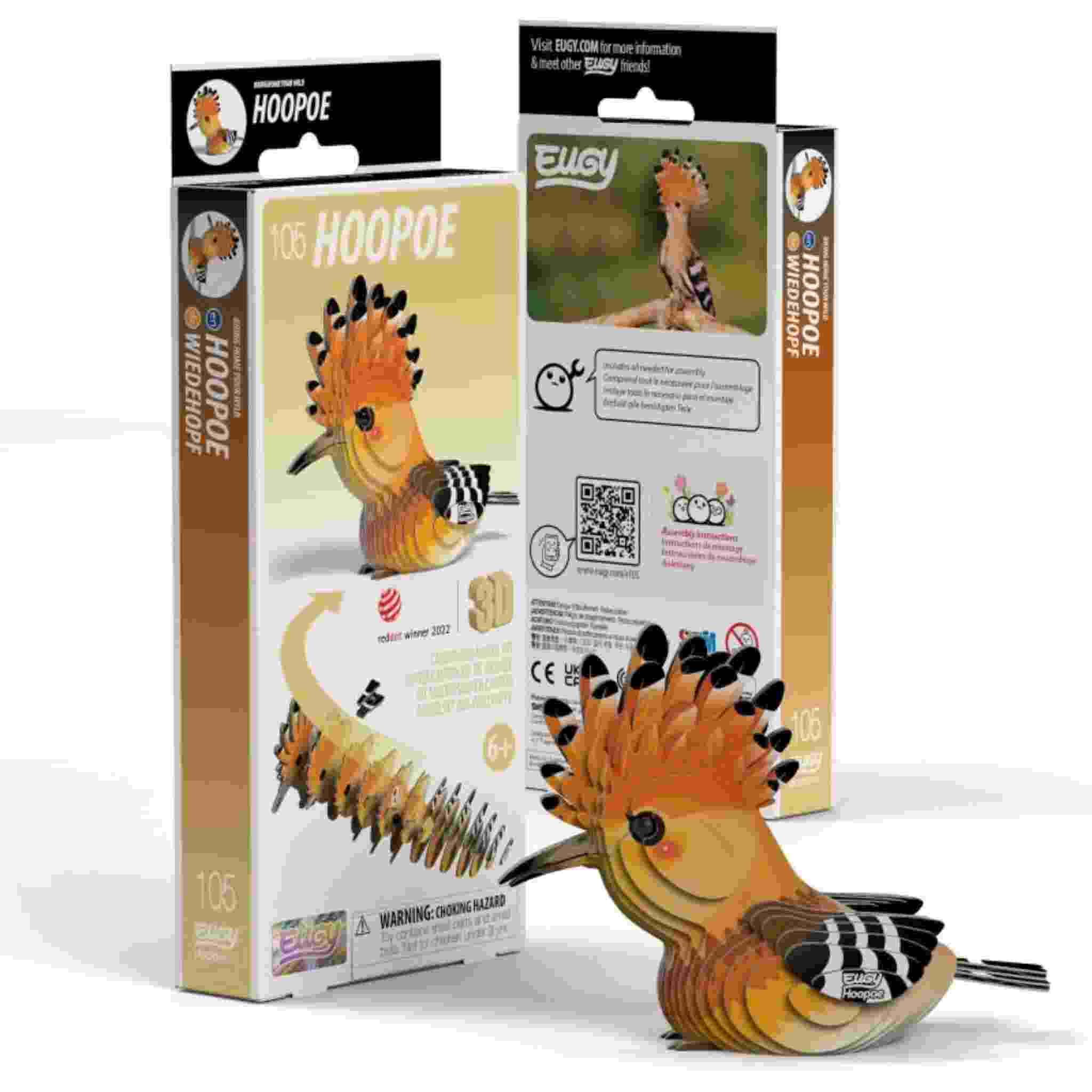 The EUGY Hoopoe 3D puzzle box, part of the whimsical EUGY figures collection, features a colorful bird with a crest. The front shows the assembled model resembling an adventurer, while the back has assembly instructions. Vibrant packaging includes product information and a QR code.