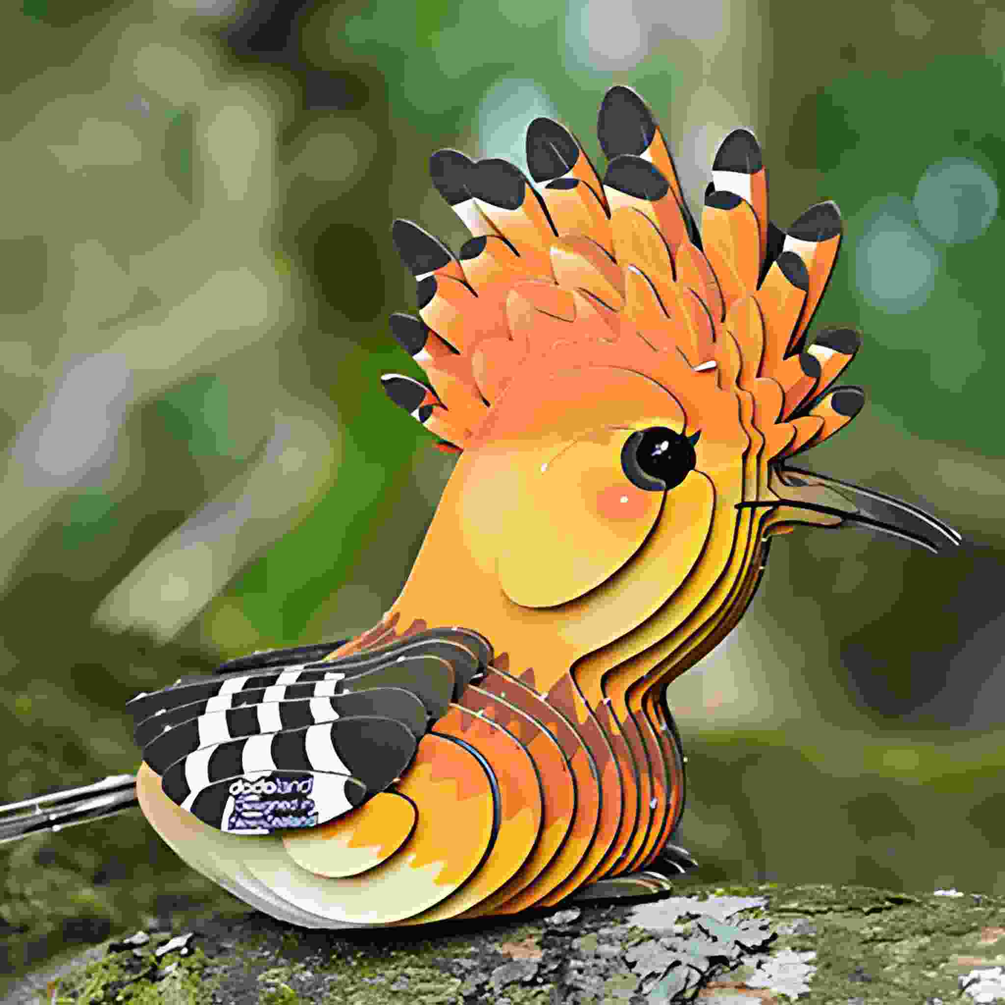 The EUGY Hoope is a colorful, ornate bird sculpture depicting a hoopoe perched on a branch. It features bright orange and yellow plumage with black and white-striped wings set against a blurred green background that suggests a forest or garden full of insects.