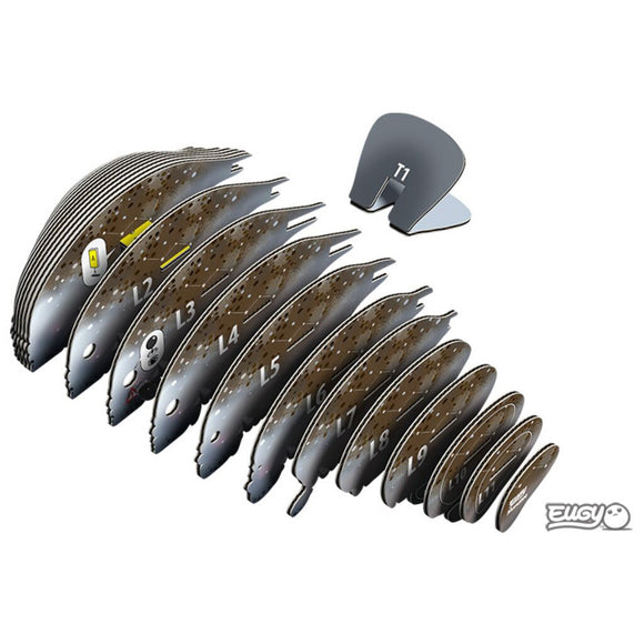 Numbered cardboard cutouts from 1 to 19 and a "T1" piece are neatly arranged, likely part of the eco-friendly EUGY Manatee 3D model kit. The EUGY logo highlights its ocean conservation focus.