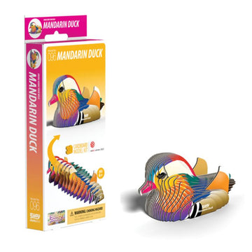 Introducing the EUGY Mandarin Duck, a vibrant cardboard model kit crafted from eco-friendly materials. The packaging showcases an image of the assembled duck, complete with colorful, layered feathers, and prominently displays the model number 096. This collectible is an ideal addition to any miniature collection.