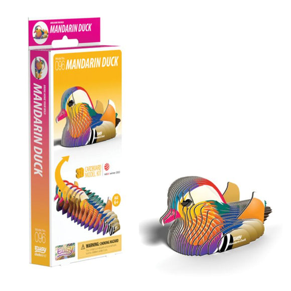 Introducing the EUGY Mandarin Duck, a vibrant cardboard model kit crafted from eco-friendly materials. The packaging showcases an image of the assembled duck, complete with colorful, layered feathers, and prominently displays the model number 096. This collectible is an ideal addition to any miniature collection.