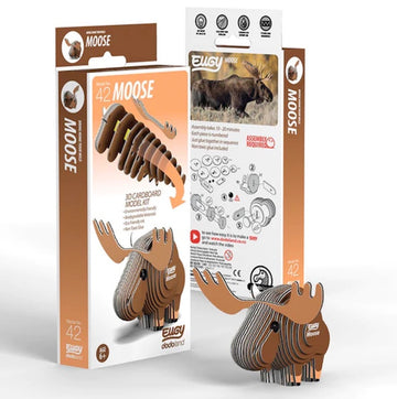 The EUGY Moose model kit, designed by EUGY, is made from sustainable materials and features an image of the completed moose on its environmentally-friendly packaging. It comes with assembly instructions and product information, making it appropriate for children aged 6 and above, with an estimated assembly time of 20 minutes.