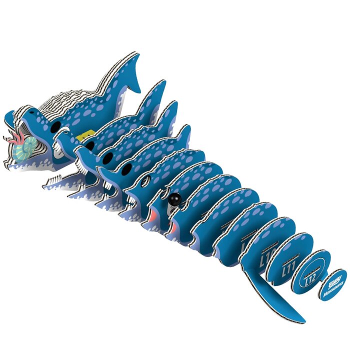 Explore the eco-friendly EUGY Mosa, a 3D cardboard puzzle of a blue marine predator with fins, designed with multiple interlocking pieces. Each distinct section contributes to an intricate and playful depiction of the creature.