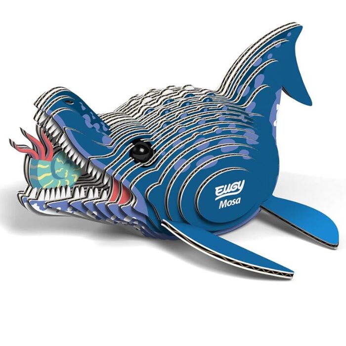 Explore the environmentally-conscious, three-dimensional cardboard puzzle of an impressive blue marine creature. The "EUGY Mosa" by EUGY is a whale-like model adorned with vibrant red and green accents on its open mouth. It includes a dorsal fin and a flat base for easy display, evoking the image of ancient sea predators like the Mosasaurus.