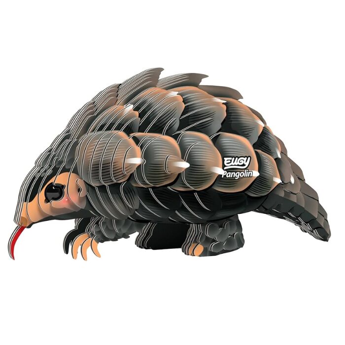 This design showcases a stylized pangolin, an endangered animal, featuring textured scales, a small eye, and a red tongue. It incorporates earthy tones of brown and black with the branding "EUGY Pangolin" on its body.