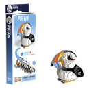The EUGY Puffin by EUGY is a DIY cardboard model kit featuring an illustrated color image of the completed puffin on the box. Crafted from eco-friendly, sustainable materials, this kit comes with numbered pieces for straightforward assembly and is suitable for ages 6 and up.