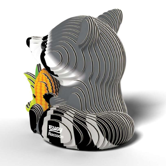 The EUGY Raccoon is an eco-friendly 3D puzzle model depicting a raccoon holding corn, crafted from layered sheets. The raccoon showcases intricate black, white, and gray details, with "Raccoon" elegantly displayed on its base—an ideal collectible for enthusiasts.