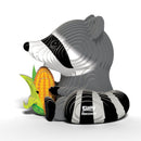An illustration of a stylized gray raccoon holding an ear of corn with a leafy husk showcases a smooth, layered appearance and is labeled "EUGY Raccoon." This eco-friendly collectible piece from EUGY adds charm to any collection.
