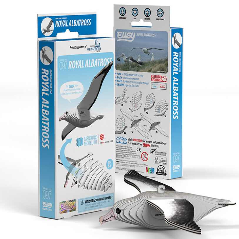 The EUGY Royal Albatross cardboard 3D model kit packaging displays the assembled bird in flight. Made with eco-friendly inks, it includes instructions and product information on the side and back, all contained within a fully recyclable box.