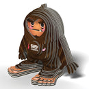 Introducing the EUGY Sasquatch Big Foot by EUGY: a whimsical, layered cardboard cutout of a creature akin to Bigfoot. Crafted from eco-friendly materials, it boasts large feet, floppy arms, and a shaggy brown appearance. The front is adorned with the playful and stylized "Sasquatch" and "Ellgy" design.