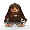 The EUGY Sasquatch Big Foot by EUGY is a stylized, cartoonish figure featuring brown fur, pink cheeks, and wide feet made from sustainable materials. It has a stern expression with small decorative details such as a pink worm and feather. Across its chest, "Elusive Sasquatch" is printed in white text.