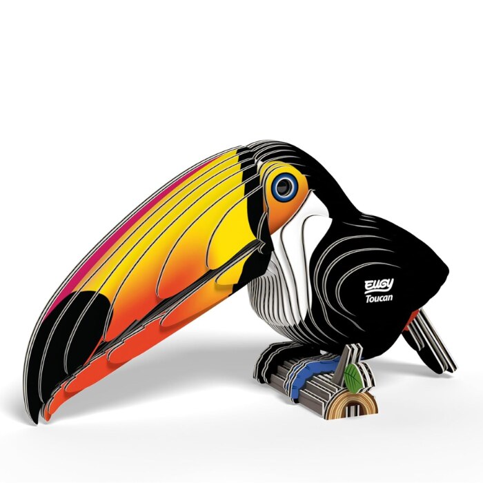 This eco-friendly 3D model, the EUGY Toucan by EUGY, is a vibrant cardboard figure featuring a distinct orange and yellow beak with a black body. Its stunning effect is achieved through layered segments.