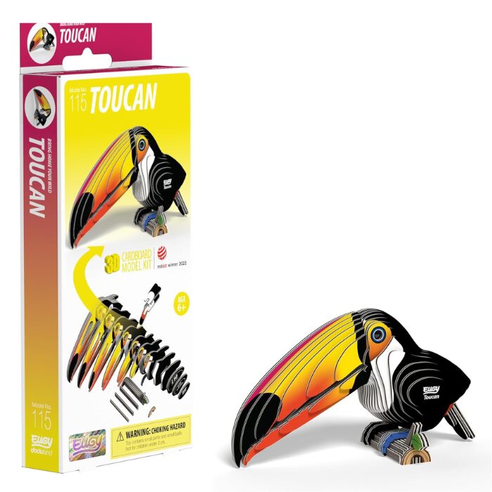 The EUGY Toucan 3D model kit by EUGY offers an engaging coloring experience, featuring packaging adorned with a colorful illustration of a toucan and including markers. Designed as an eco-friendly option, the completed model proudly showcases vibrant hues alongside its box.