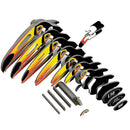 An illustration of a hockey stick displaying its components in an exploded view, highlighting the layers and their assembly. Each part is labeled with numbers and letters, featuring colorful gradients from yellow to orange and black, reminiscent of the vibrant details seen in environmentally-friendly EUGY Toucan figures by EUGY.