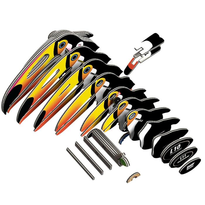 An illustration of a hockey stick displaying its components in an exploded view, highlighting the layers and their assembly. Each part is labeled with numbers and letters, featuring colorful gradients from yellow to orange and black, reminiscent of the vibrant details seen in environmentally-friendly EUGY Toucan figures by EUGY.