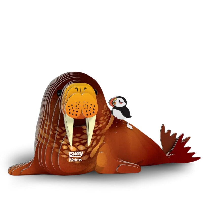 The EUGY Walrus by EUGY is an endearing 3D craft collectible crafted from biodegradable card. It highlights a whimsical walrus sporting prominent tusks alongside a petite puffin, both set against its smooth, brown design. This eco-friendly piece beautifully displays the puffin's signature black and white plumage paired with a striking orange beak.