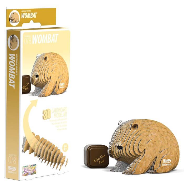 The packaging of the EUGY Wombat model kit encourages you to create an adorable companion. This eco-friendly creation utilizes layered, textured cardboard, with the finished model prominently displayed beside the box, elegantly highlighting its design components.