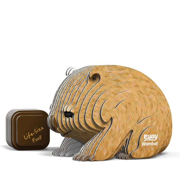 Construct an environmentally conscious cardboard model of a seated wombat using the EUGY Wombat from EUGY. Position it beside a small brown cube labeled "Life-Size Poop." The design showcases a detailed body structure through layered sections.