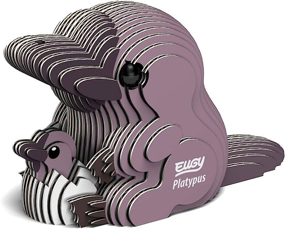 The Eugy Platypus by EUGY is a stacked 3D puzzle featuring a purple platypus and its baby, crafted from eco-friendly layered cutouts. The side displays the word "Platypus" and a logo. This sustainable assembly forms a complete, stylized figure.