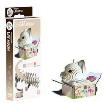 The "Eugy Cat - Mocha" 3D puzzle by EUGY encourages creativity and entertainment as you piece together an adorable striped cat figure. It comes in an eco-friendly box featuring a sweet illustration, with the completed cat cheerfully appearing from a box labeled “Adopt Me.”