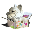 The EUGY Eugy Cat - Mocha, an environmentally-friendly cardboard cat-shaped sculpture, is showcased inside an open box. The packaging is adorned with colorful illustrations, including the words "Adopt Me" alongside drawings of a rainbow, flowers, and paw prints, highlighting creative excellence.