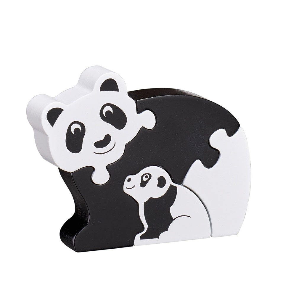 Lanka Kade's Panda & Cub Jigsaw is a playful, eco-friendly wooden puzzle featuring interlocking pieces that form a whimsical black and white panda embracing its cub.