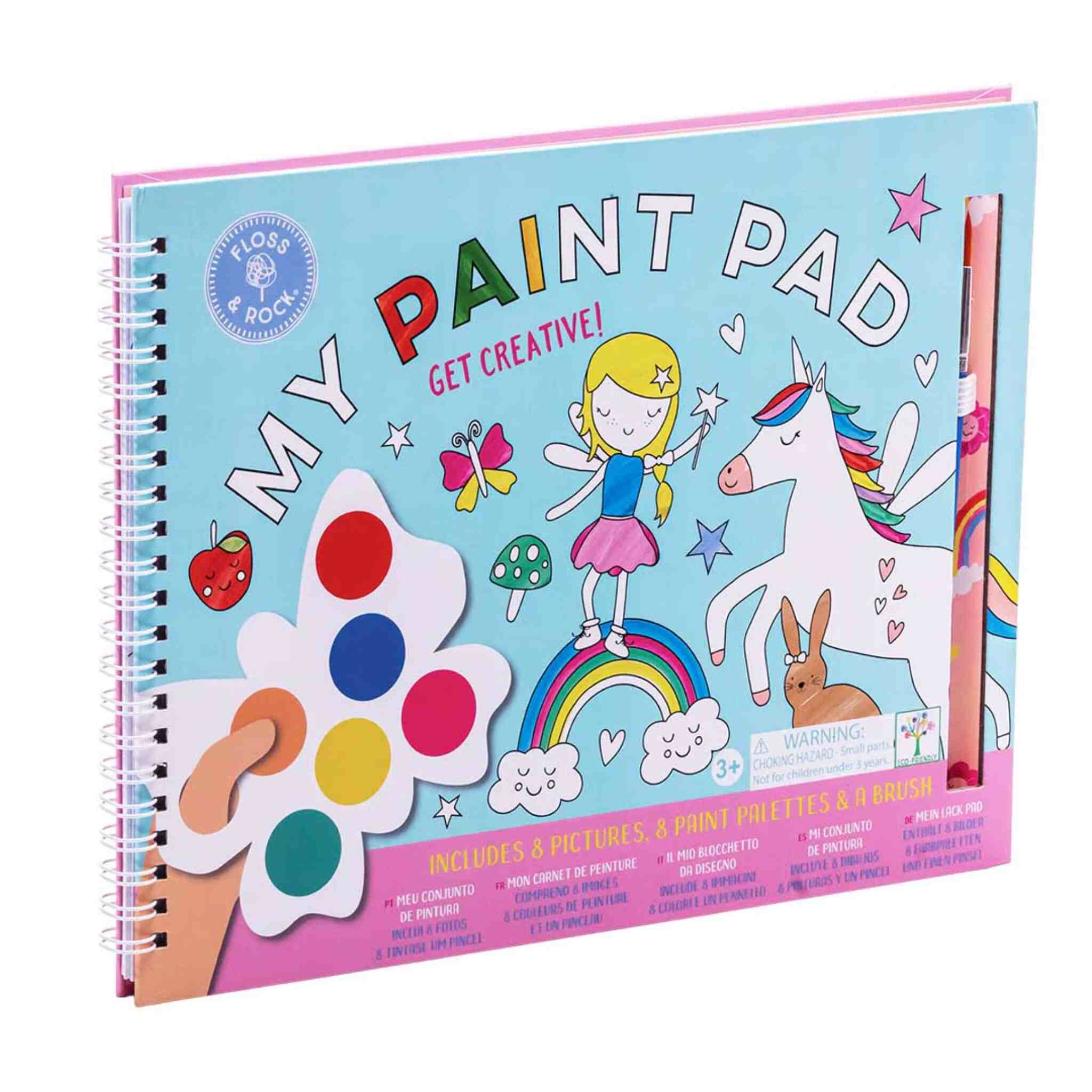 Rainbow Fairy My Painting Pad by Floss & Rock features a vibrant cover with fairy, unicorn, rainbow, and butterfly-shaped palettes. The text reads "My Paint Pad: Get Creative!" This eco-friendly set includes 8 pictures, 8 paint palettes, and a brush.