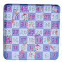 Introducing the Fantasy Magnetic Fun & Games by Floss & Rock: This colorful board game features a grid with numbers 1 to 49. The eco-friendly set, made from recycled materials, boasts whimsical illustrations of mermaids and ladders on a checkered blue and lavender background, adding charm to your gaming experience.