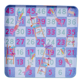 Introducing the Fantasy Magnetic Fun & Games by Floss & Rock: This colorful board game features a grid with numbers 1 to 49. The eco-friendly set, made from recycled materials, boasts whimsical illustrations of mermaids and ladders on a checkered blue and lavender background, adding charm to your gaming experience.