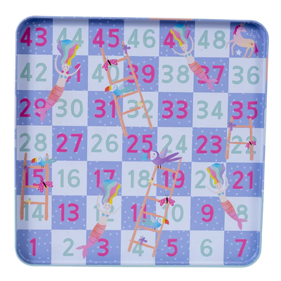 Introducing the Fantasy Magnetic Fun & Games by Floss & Rock: This colorful board game features a grid with numbers 1 to 49. The eco-friendly set, made from recycled materials, boasts whimsical illustrations of mermaids and ladders on a checkered blue and lavender background, adding charm to your gaming experience.